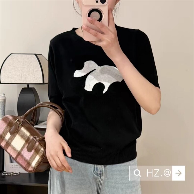 时尚圆领熊猫提花德国杨子纱+桑蚕丝16针织短袖女宽松薄款T恤上衣,女装T恤,鑫之绒