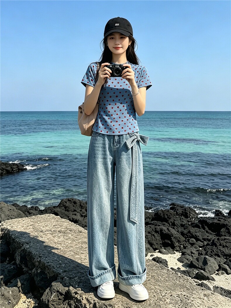 女夏季新款时尚休闲套装蓝色波点上衣烫钻阔腿牛仔长裤两件套显瘦,女装套装/套裙,江南