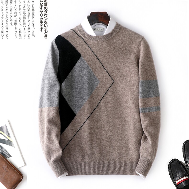 秋冬新品男士圆领拼色羊毛衫韩版潮流休闲时尚舒适柔软针织衫男装，男装羊毛衫，枫宸羊绒