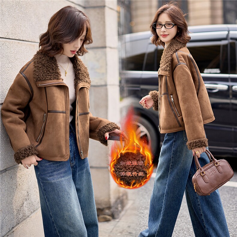 9108时尚温暖皮毛一体外套,女装羊羔毛/颗粒绒,依路服饰