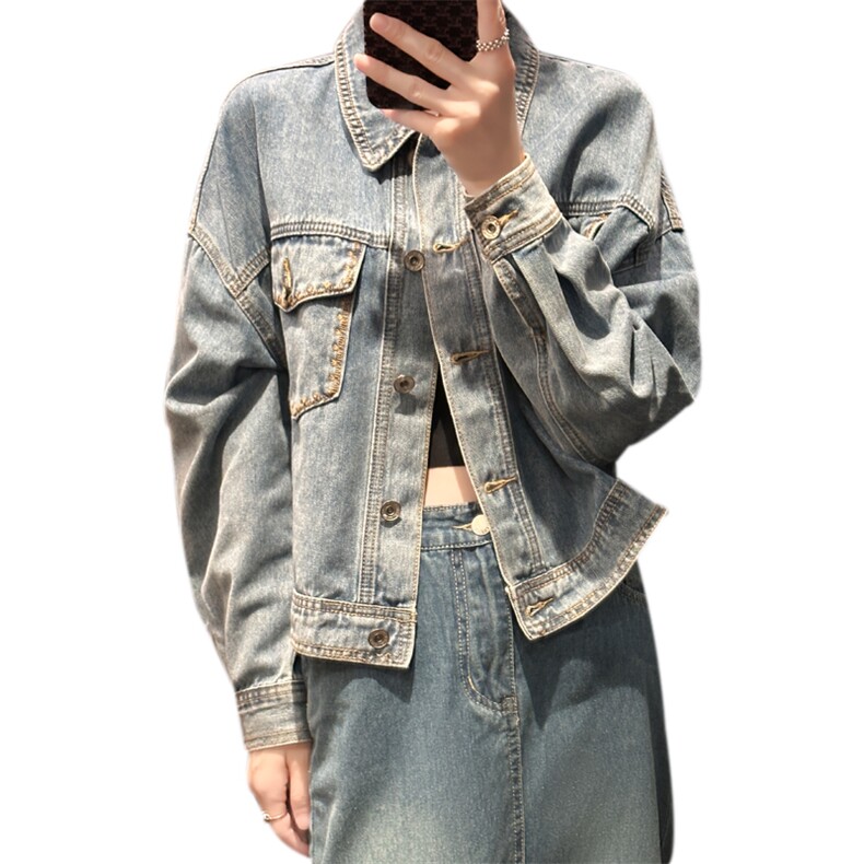 时尚百搭气质休闲牛仔外套女新款宽松显瘦长袖夹克上衣,女装牛仔外套,宛庄羊绒