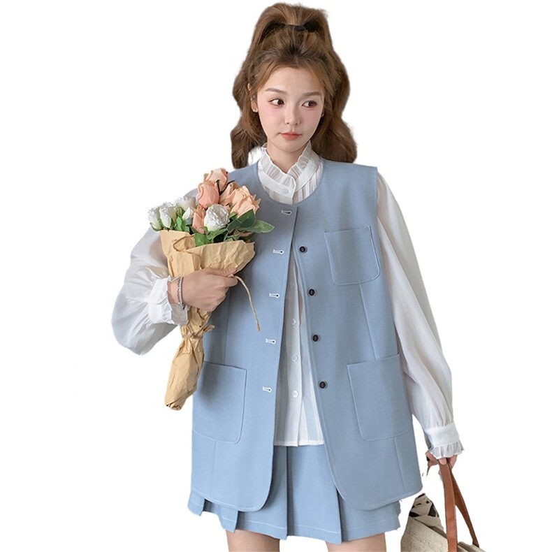 蓝色学院风减龄马甲百褶裙套装女2025春秋新款韩版显瘦短裙两件套,女装套装/套裙,2D035