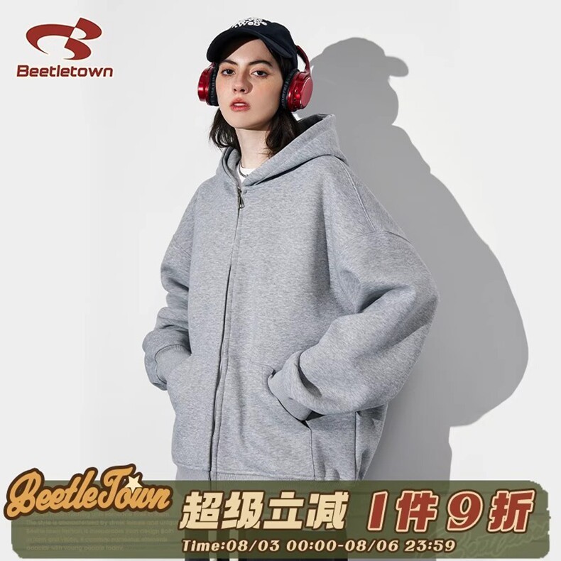 男女同款重磅纯色开衫厚棉T女春秋宽松休闲慵懒风连帽外套情侣,女装短外套,星座218-8