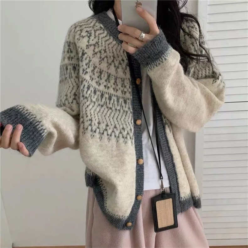 2025年秋季长袖费尔岛提花森系开衫时尚百搭休闲，女装针织衫/毛衣，织己羊绒