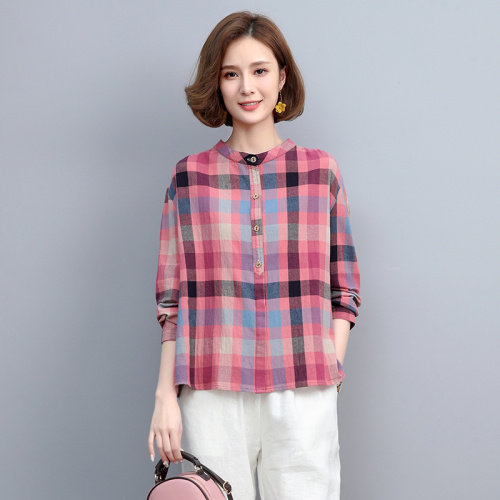 休闲格子上衣2022纯色新款拼色格子小衫图片