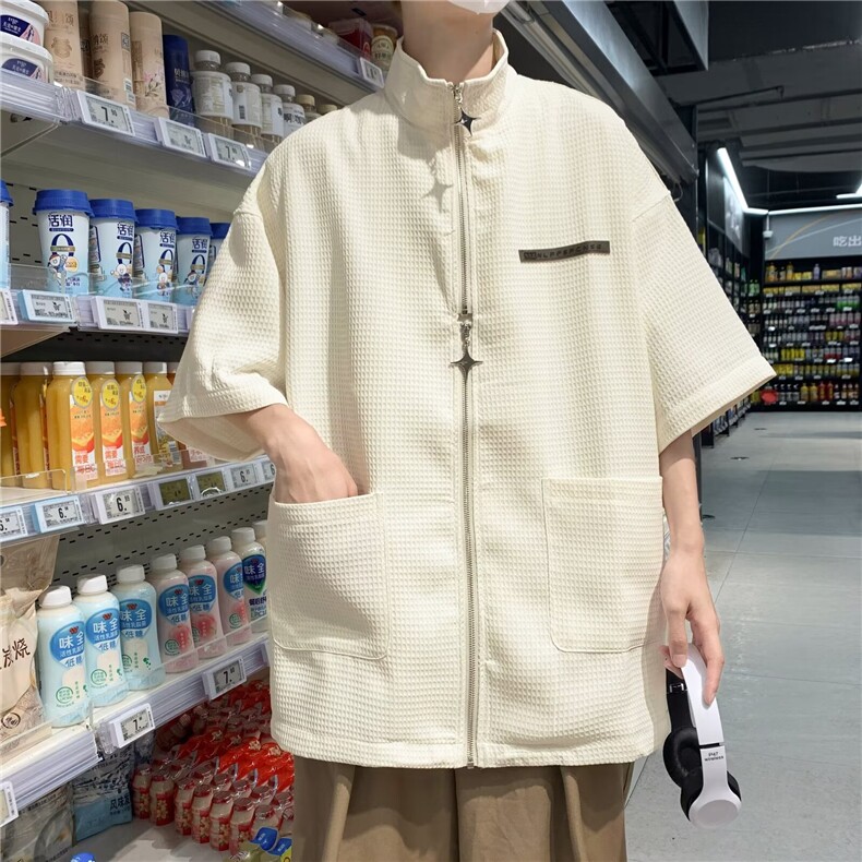 小众设计感华夫格拉链衬衫男短袖夏季新款高级感休闲衬衣痞帅上衣,男装衬衫,星座1013