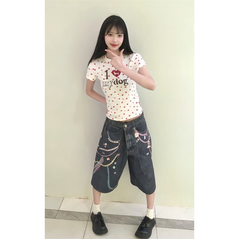 【有货】N1241CC-特P53美式3D链条彩色印花七分牛仔短裤男女,男装牛仔裤,星座1007（原301D）