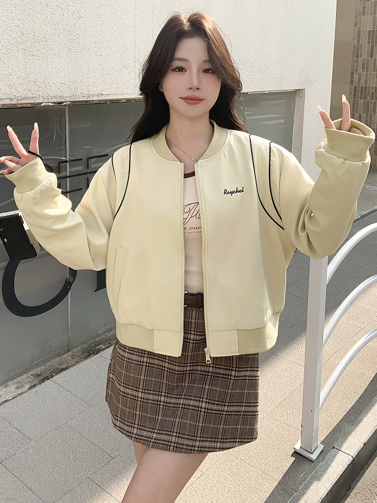 美式棒球服外套女春秋通勤短款撞色拼接复古夹克刺绣宽松休闲上衣,女装短外套,鑫慧