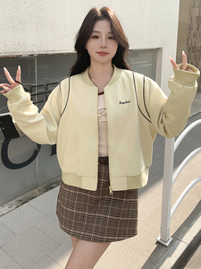 美式棒球服外套女春秋通勤短款撞色拼接复古夹克刺绣宽松休闲上衣图片