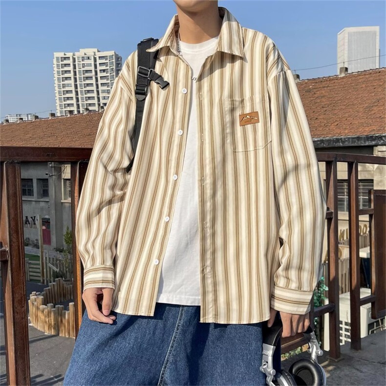 条纹衬衫男春季ins潮百搭衬衣设计感宽松复古cityboy衬衫C566-p33,男装衬衫,星座1008