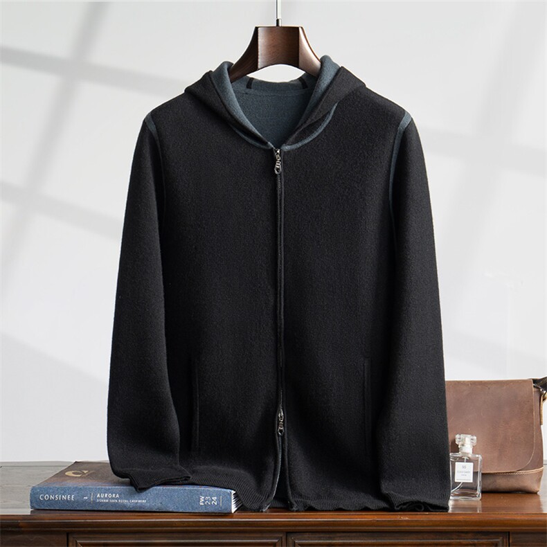 2025年秋季时尚都市宽松型长袖空气层撞色帽衫，男装羊绒开衫，曼云男装羊绒