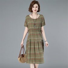 外贸出口品牌剪标女装复古棉麻连衣裙宽松大码拼接格子a字亚麻裙，女装连衣裙，玛其路