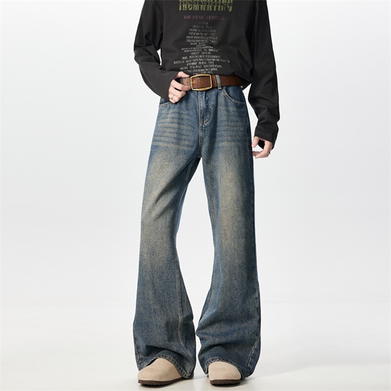 现货~~美式复古蓝宽松微喇牛仔裤BK580-P45控79，男装牛仔裤，星座515