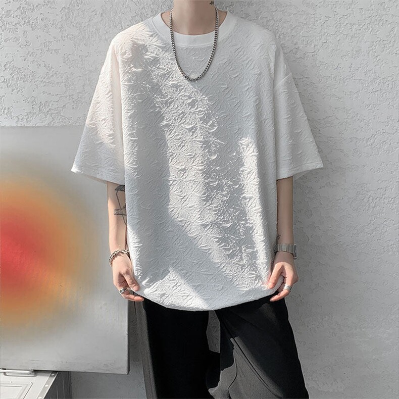 T10123-特批30控68小众提花肌理感高质量大码男百搭圆领短袖T恤,男装T恤,电商A059