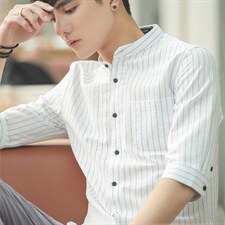 2022文艺条纹衬衫男短袖韩版潮流五分袖衬衣七分袖男士T11P40，男装T恤，电商B413