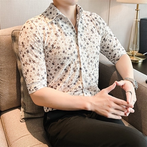 CS820-P55 蕾丝夏季新款男士短袖衬衫潮流时尚短袖潮男衬衣图片