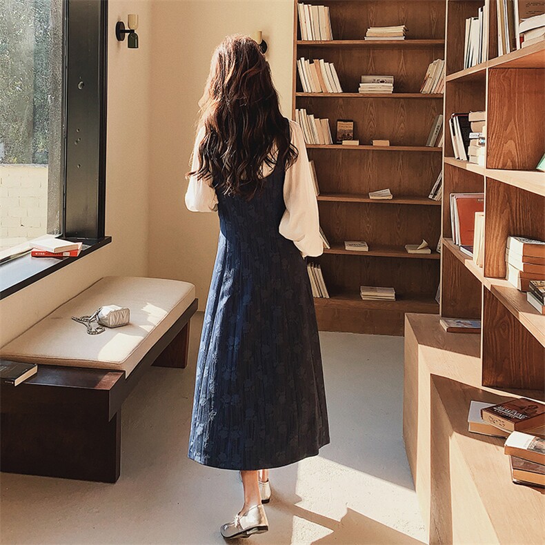 白色衬衫提花牛仔背带裙女套装春秋2025新款法式气质两件套连衣裙,女装套装/套裙,2C293