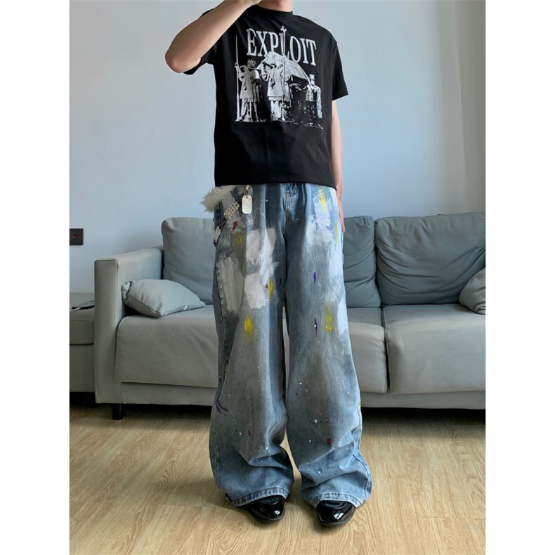 【有货】美式复古涂鸦扎染牛仔裤男女同款宽松裤子NZ803LL-特P55,男装牛仔裤,星座1007（原301D）