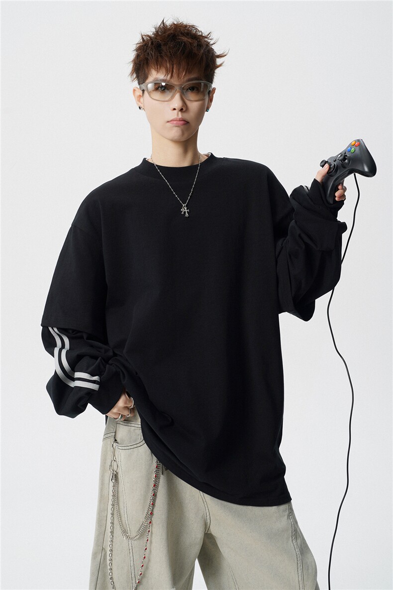 6XL-M假两件条纹长袖t恤男运动风百搭上衣CX3010-特P40,男装T恤,电商D206-1