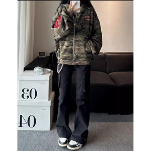 秋季新款迷彩开衫连帽运动衫男女美式覆古宽松百搭情侣外套潮图片