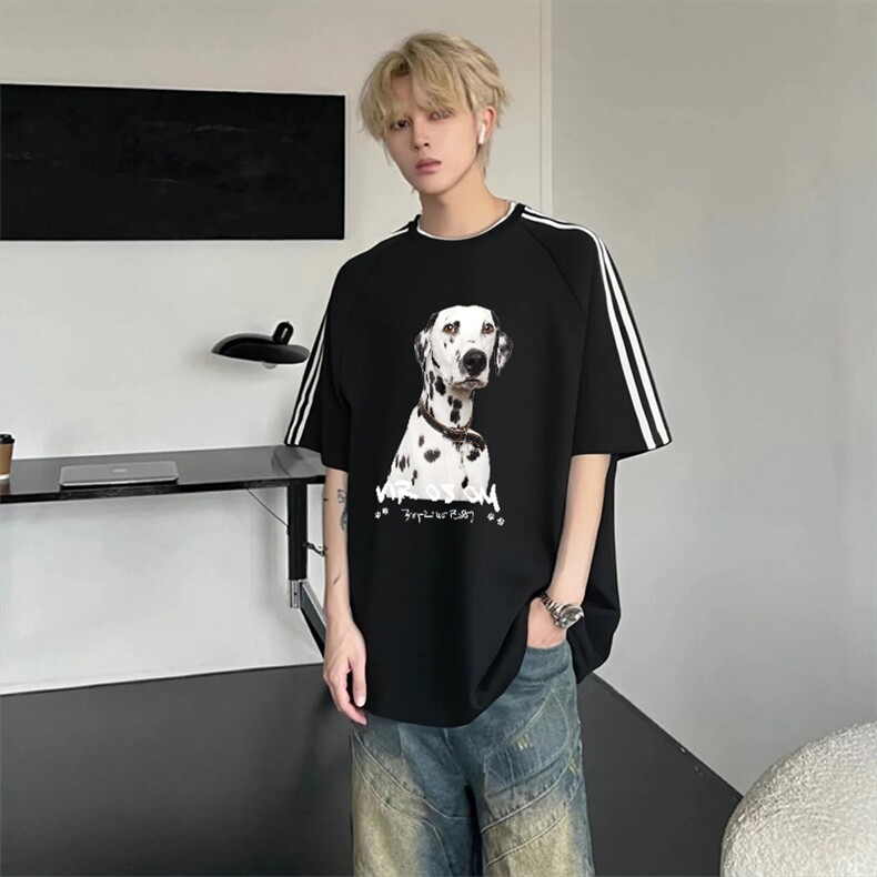 抖音得物高品质二开240克宽松纯棉美式潮牌三条杠织带短袖T恤图片