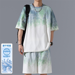 扎染渐变冰丝篮球服套装男款夏季运动垂感透气速干短袖短裤一整套图片