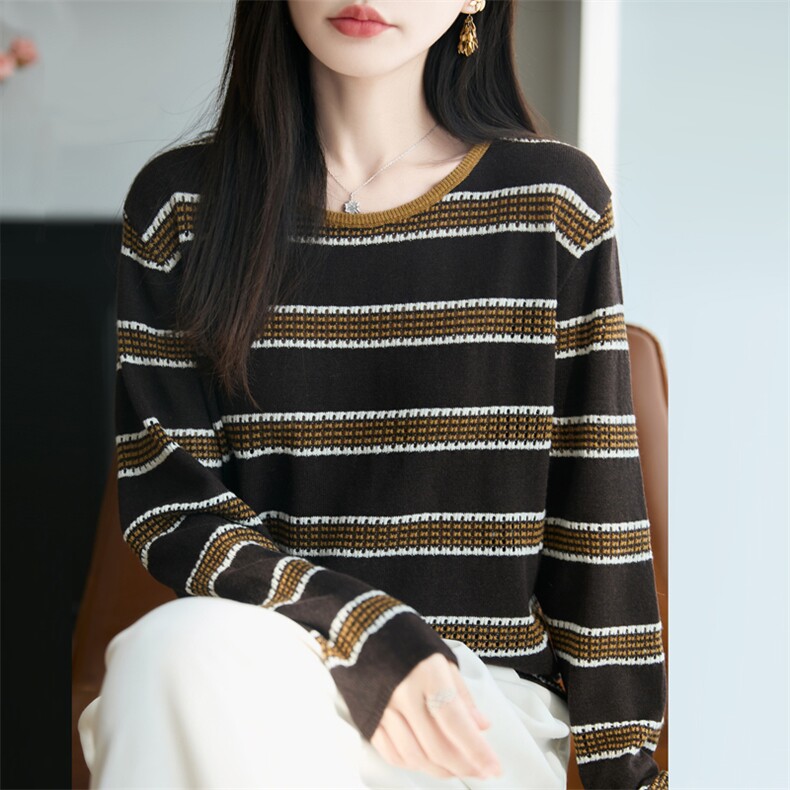 2025年秋季常规长袖单件羊毛条纹衫,女装羊毛衫,暖娇绒包芯纱店