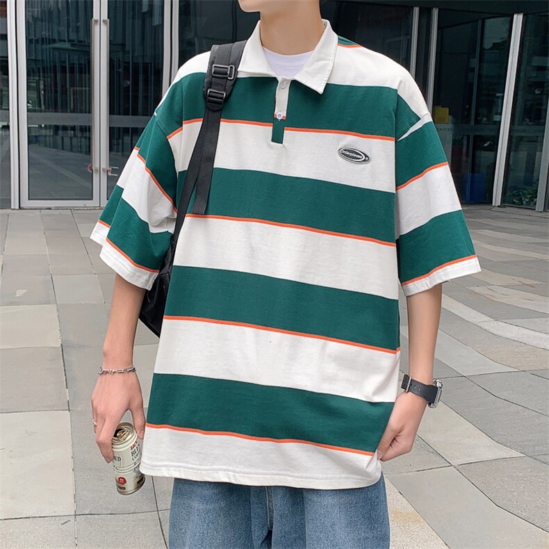 !条纹翻领宽松纯棉polo衫短袖男T恤XP221-P40控68,男装Polo衫,电商B370