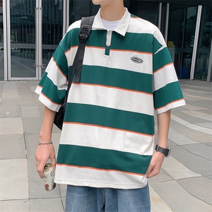 !条纹翻领宽松纯棉polo衫短袖男T恤XP221-P40控68图片