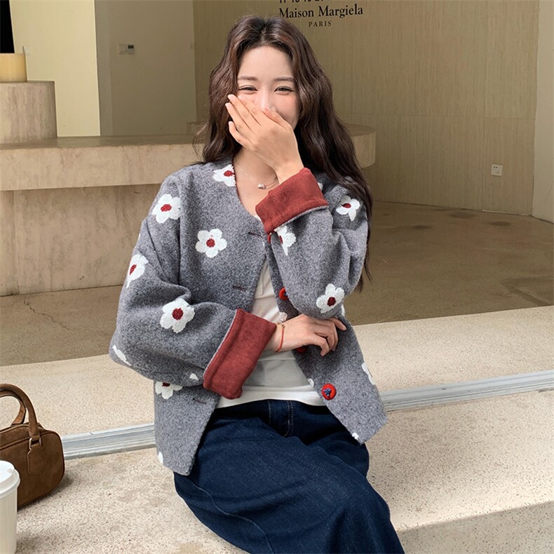 灰色小香风碎花毛呢外套女秋冬2025新款时髦洋气减龄爆款大衣短款,女装毛呢外套,纯色衣恋