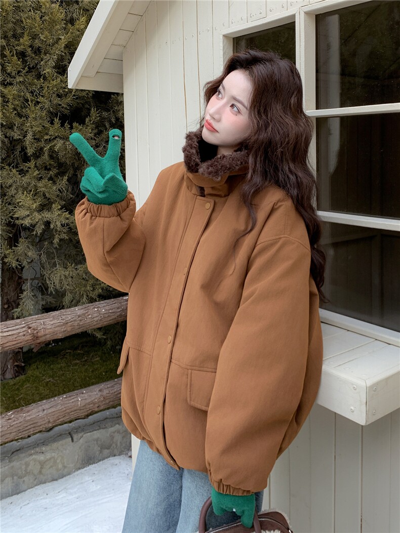 现货新款翻领时尚洋气加绒加厚鹿皮绒外套棉服上衣女,女装棉衣/棉服,韩然一族