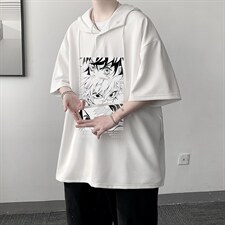 LD54176-P45连帽短袖t恤男大码胖子带帽五分袖中袖大皂风，男装T恤，电商A040