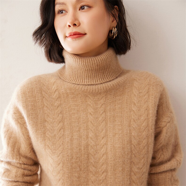 2025秋冬新款35%山羊绒女士5针三股麻花高领羊绒衫,女装羊绒衫,拓驰羊绒