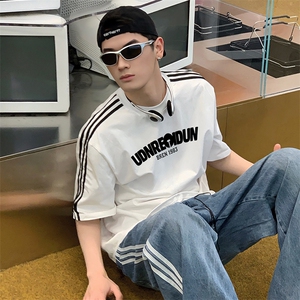 夏季美式高街重磅纯棉三条杠织带撞色男女短袖T恤STG189特P25图片