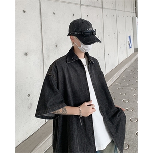 F305-P58 夏季新款潮牌拉链短袖衬衫渐变水洗做旧牛仔衬图片