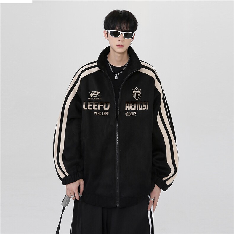 春季新款美式慵懒风棒球服外套男复古側条纹休闲开衫夹克上衣p68,男装夹克,电商C307