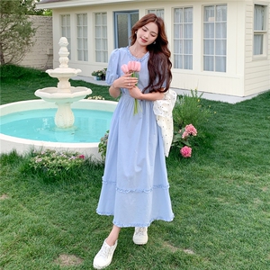 韩版甜美洋气减龄木耳边连衣裙女2025夏季新款学院风收腰显瘦长裙图片