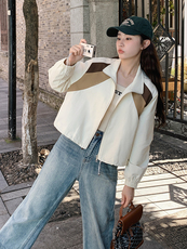 米白色休闲时尚撞色拼接外套女2025春季新款小个子设计感宽松夹克，女装短外套，鑫慧