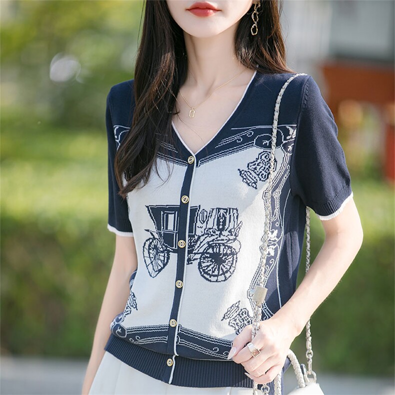 小马提花早秋莱赛尔羊毛长袖宽松显瘦拼色假开衫t恤女士V领上衣,针织衫/毛衣,萱芳婷羊绒