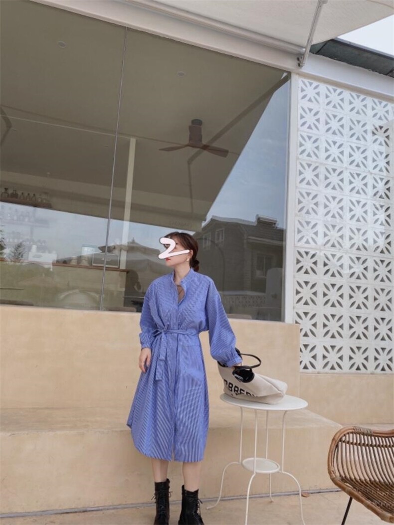 条纹衬衫裙，女装衬衫，驿谷