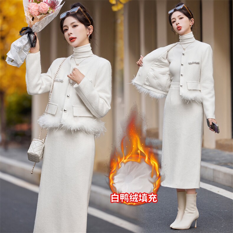 法式小香风羽绒套装女2025年冬季新款轻奢名媛高级感半身裙两件套,女装套装/套裙,雅静靓衣