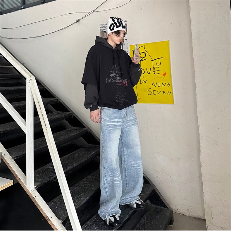 裤子男水洗牛仔裤男夏季宽松直筒阔腿高街美式复古长裤YD9027-P75,男装牛仔裤,星座509