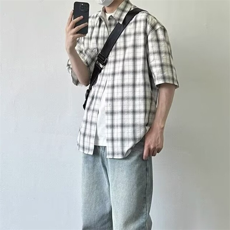 新款格子衬衫短袖男夏季学院风宽松衬衣休闲百搭外套潮LC2199-p37,男装T恤,星座1008