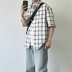 新款格子衬衫短袖男夏季学院风宽松衬衣休闲百搭外套潮LC2199-p37，男装T恤，星座1008