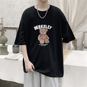 韩系简约小熊印花短袖T恤帅气大码宽松男潮517A-1-T915-P28控38图片