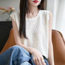甜美配裙子短款吊带背心可外穿无袖针织衫花边镂空小香风圆领t恤，女装针织衫/毛衣，九嘉羊绒