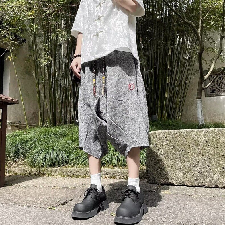 风刺绣七分裤男夏季宽松灯笼裤子新中式短裤1001-1-D947-P42,男装牛仔裤,星座1001-1