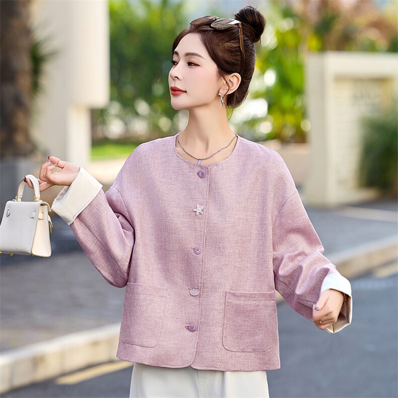 2025春季新款新中式复古棉麻料高级感小香风薄款紫色短款小外套女,女装短外套,蓝诺裳