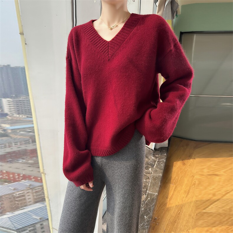 V领羊毛衫女秋冬季新款百搭时尚简约大气宽松保暖女上衣,女装羊毛衫,业大羊绒