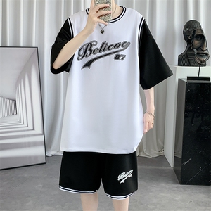 纯棉夏季短袖T恤套装宽松潮流篮球服男两件套男装F312P60控89图片